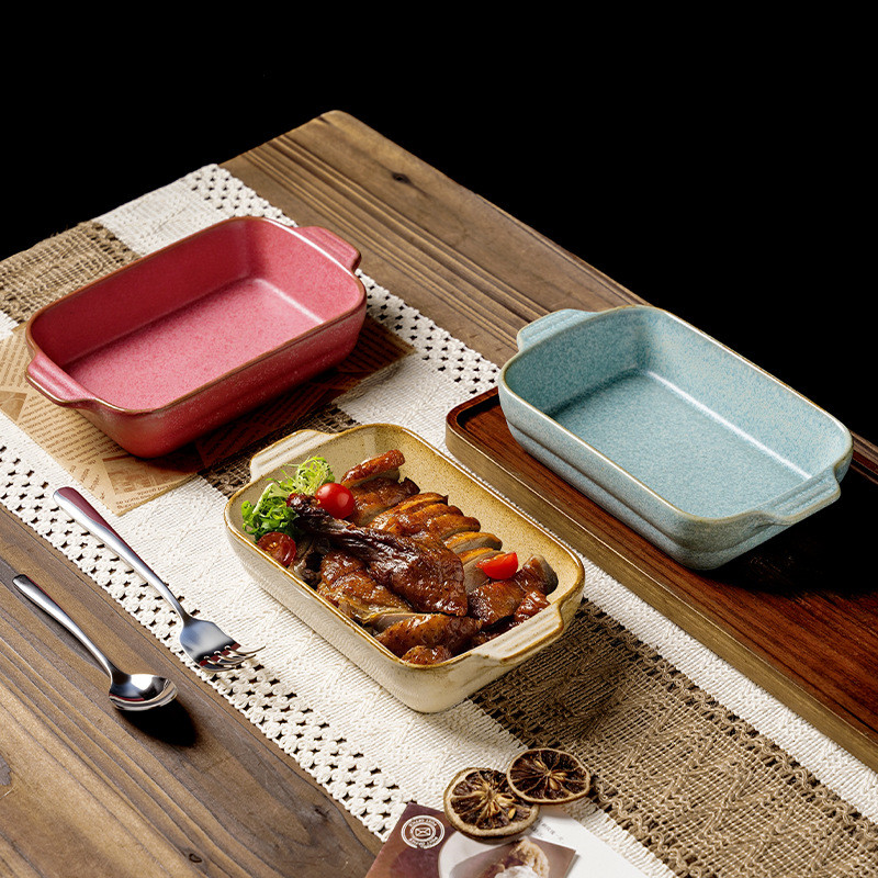 Nhật Bản Retro Đôi Tai Nướng Chảo Nhà Hàng Thực Phẩm Phương Tây Pizza Chảo Phô Mai Nướng Đĩa Cơm Thịt Nướng Đĩa Lò Nướng Gốm Dày Hình Chữ Nhật Đĩa 2F62