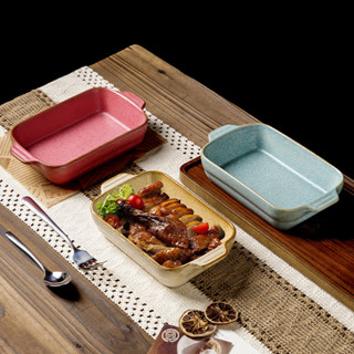 Nhật Bản Retro Đôi Tai Nướng Chảo Nhà Hàng Thực Phẩm Phương Tây Pizza Chảo Phô Mai Nướng Đĩa Cơm Thịt Nướng Đĩa Lò Nướng Gốm Dày Hình Chữ Nhật Đĩa 2F62