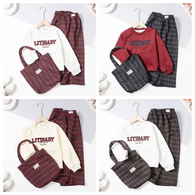Bộ nỉ kèm túi bé gái LITIBABY, Bộ mùa đông ấm size đại 8/16 tuổi, quần suông