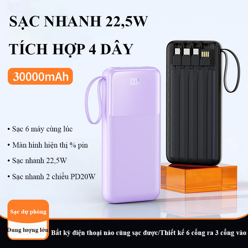 Sạc Dự Phòng 30000mAh Tích Hợp 4 Dây Sạc Nhanh 22.5W Màn Hình LED Sạc Nhiều Thiết Bị Tiện Lợi