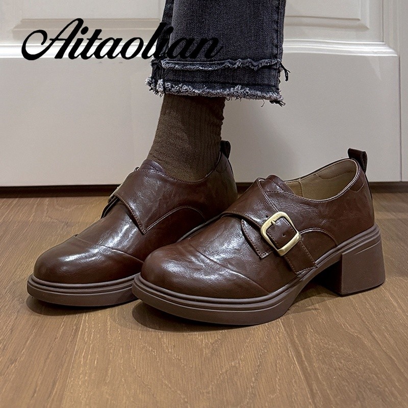 (Size 34-40) Da Thật Chính Hãng Cao Gót 5cm Giày Nữ Cổ Điển Giày Đế Bằng Phong Cách Anh Da Nữ Loafer