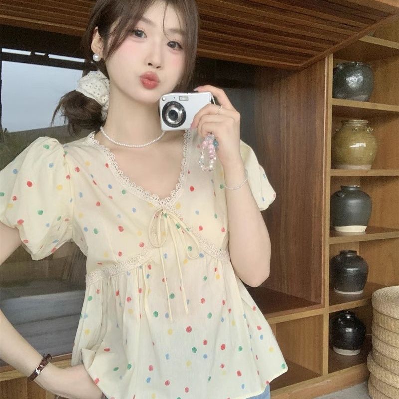 Áo sơ mi tay phồng dễ thương Áo sơ mi mùa hè Áo sơ mi Pháp Áo sơ mi mới Áo sơ mi cổ chữ V Áo sơ mi c
