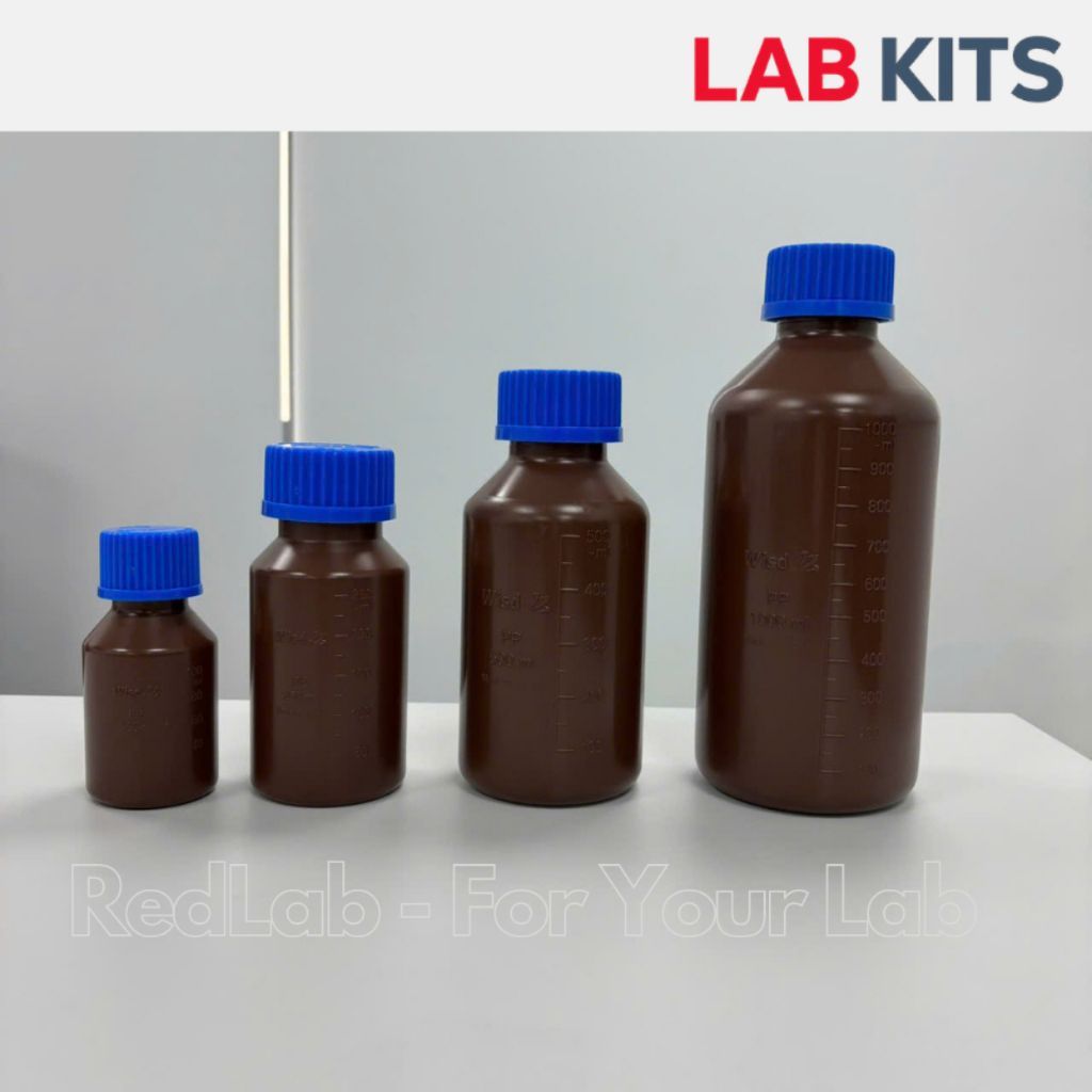 Chai nhựa PP nâu miệng rộng WISD 100 250 500 1000 2000 ml - nắp vặn xanh GL32 GL45, chịu nhiệt, Labo