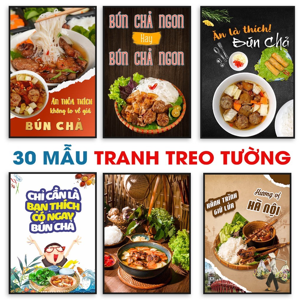 Tranh quán bún chả / tranh bún chả chấm / bún chả nướng /  bún chả nem /tranh treo tường có khung