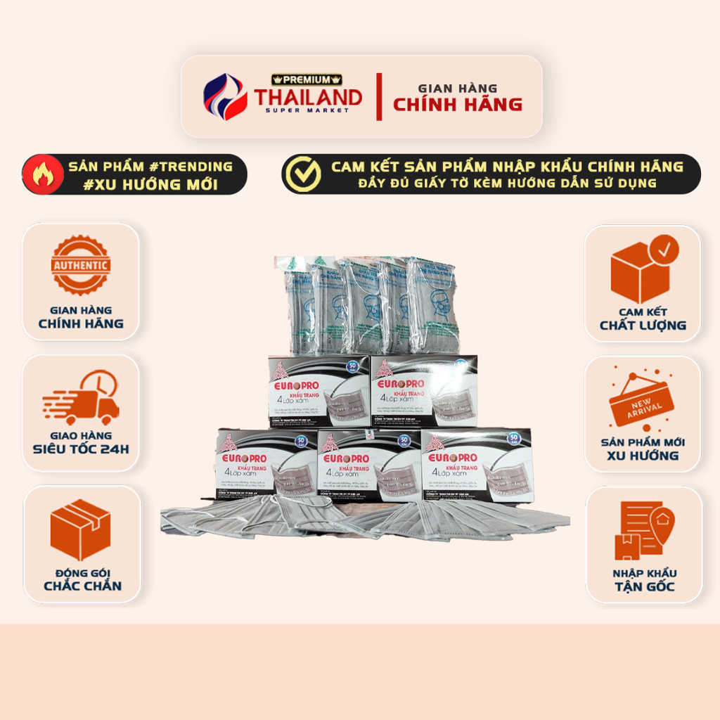Khẩu Trang Euro 4 Lớp Kháng Khuẩn (50 Cái/Hộp)