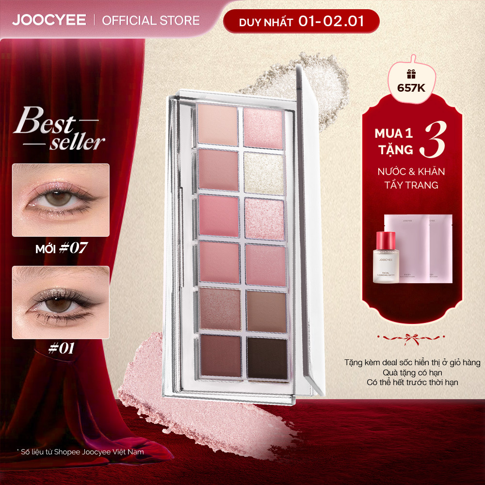  MUA 1 ĐƯỢC 4   Bảng Phấn Mắt JOOCYEE 12 ô Đa Năng Dễ Tán Tự Nhiên Mịn Màng Nhũ Sáng Tiệp Da Mỏng Nhẹ Lâu Dài Mềm Mại Bền Màu Trang Điểm Mắt Mới Chất Lượng Cao 11g 