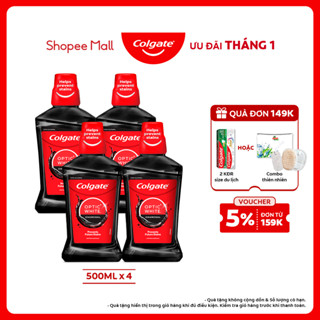  Bộ 4 Nước súc miệng Colgate trắng răng Optic White than hoạt tính bạc hà the mát 500ml chai 