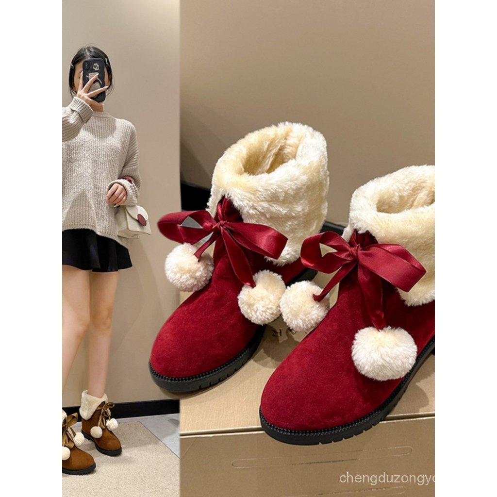 Lông Tuyết Giày Nữ Phong Cách Mới Thời Trang Màu Đỏ Giữa Ống Giày Lông Cừu Dày Ấm Cotton Giày Bốt Ng