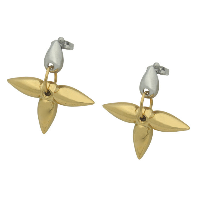 Titanium steel jewelry V Letter and floral two-tone earrings Glossy Pointed Flower gold Earring Set