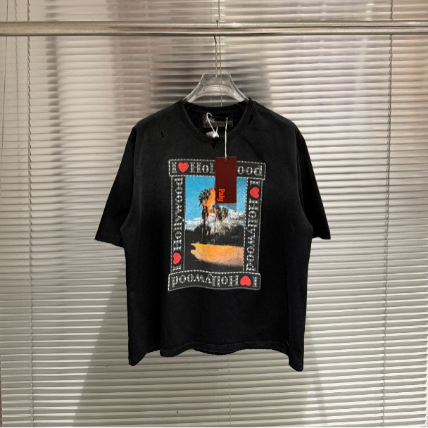 A6Z4 Paly Hollywood Vintage washed distressed Hollywood print casual loose fit T Short Sleeve Shirt