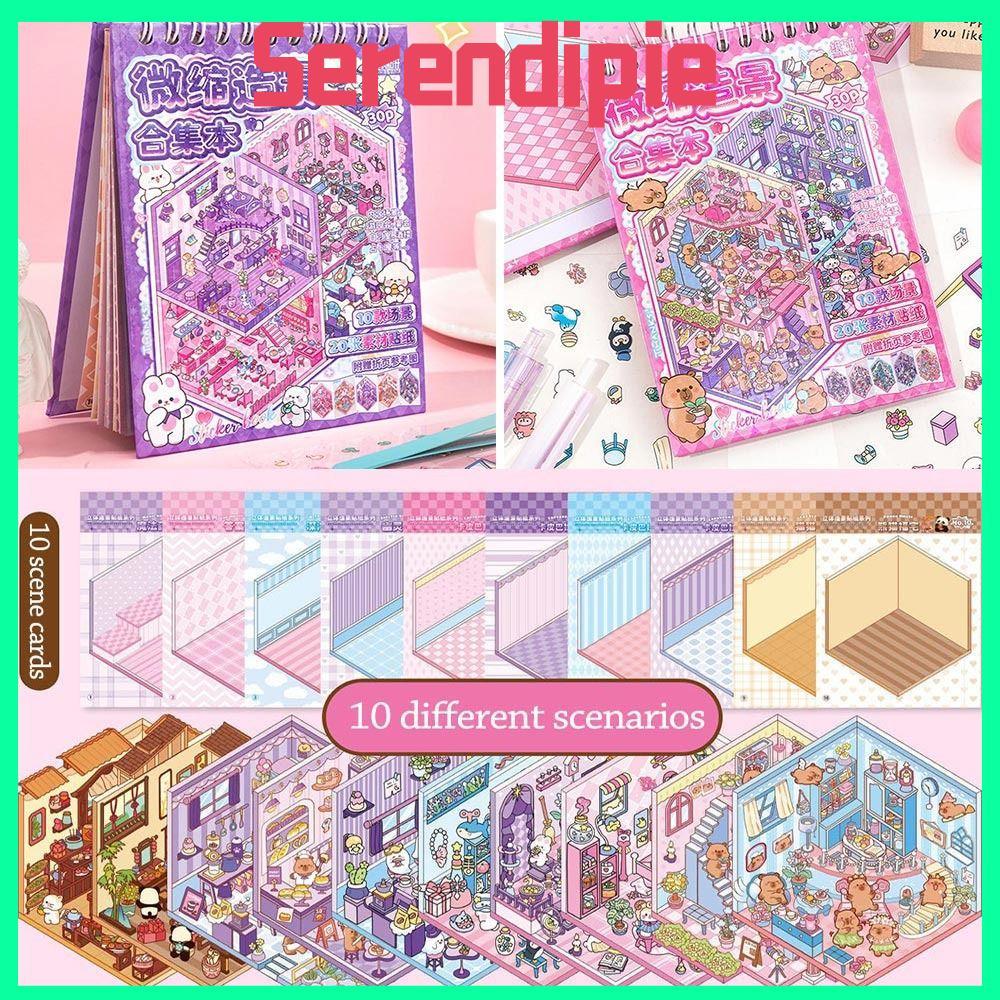SERENDIPIE Landscape Sticker Book, Cartoon DIY Miniature Scene Collection, Kawaii PET Visual Stackin