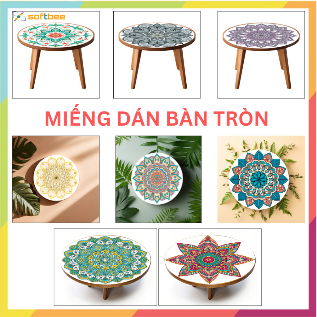 Miếng dán bàn tròn chất liệu decal không thấm nước, có sẵn keo mặt sau gồm 4 kích thước lựa chọn