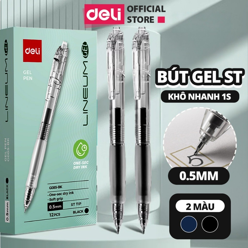 (EG08S - Hộp 12 CÂY) Bút gel trong suốt dễ thương Deli 0.5mm G08S có đệm tay mực khô nhanh