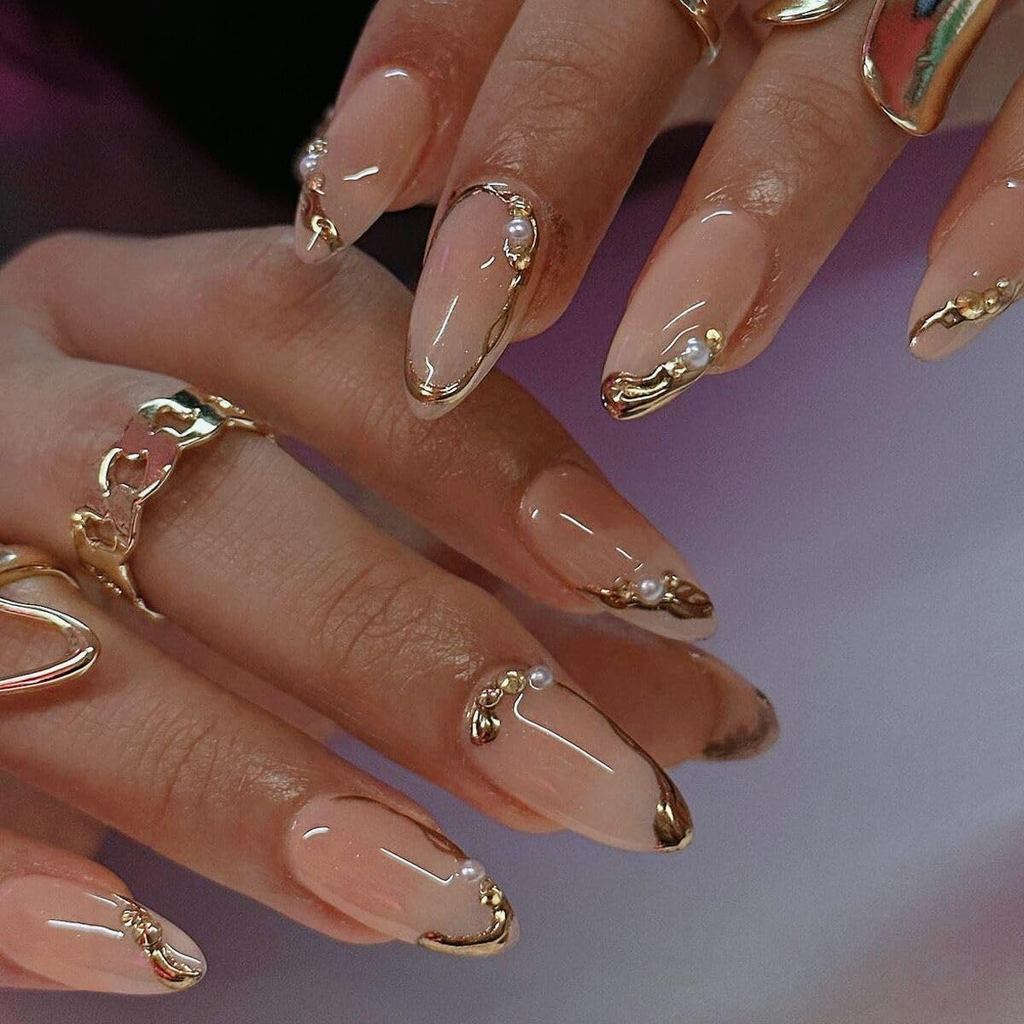 Press on Nails Almond - Móng tay giả kiểu Pháp có thiết kế đường vàng - Medium Fascile Nails Press o