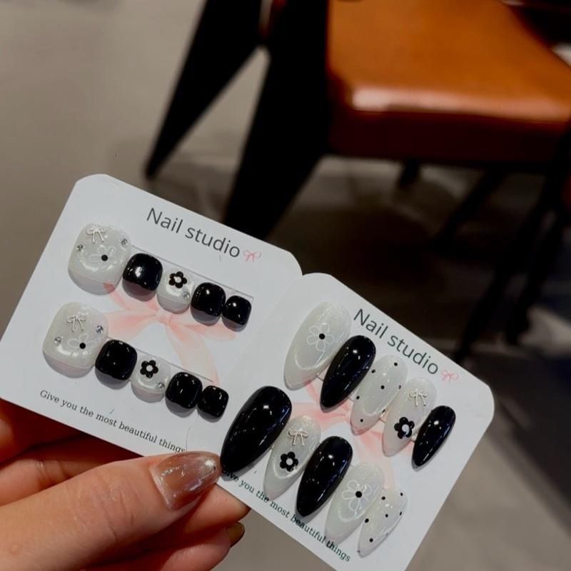 Nailbox-j17 bộ đôi móng tay chân nền đen mix mắt mèo(tặng keo dũa miếng dán)