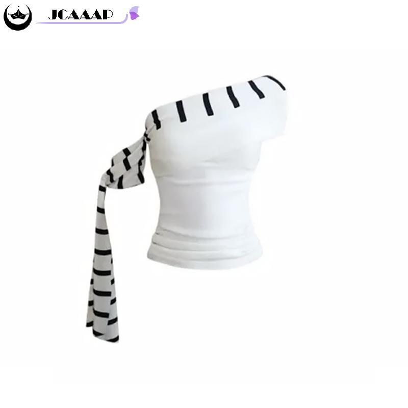 Jcaaap White Off-Shoulder Slim Fit Ribbon Sọc Áo Thun Nữ Mùa Hè Gdo