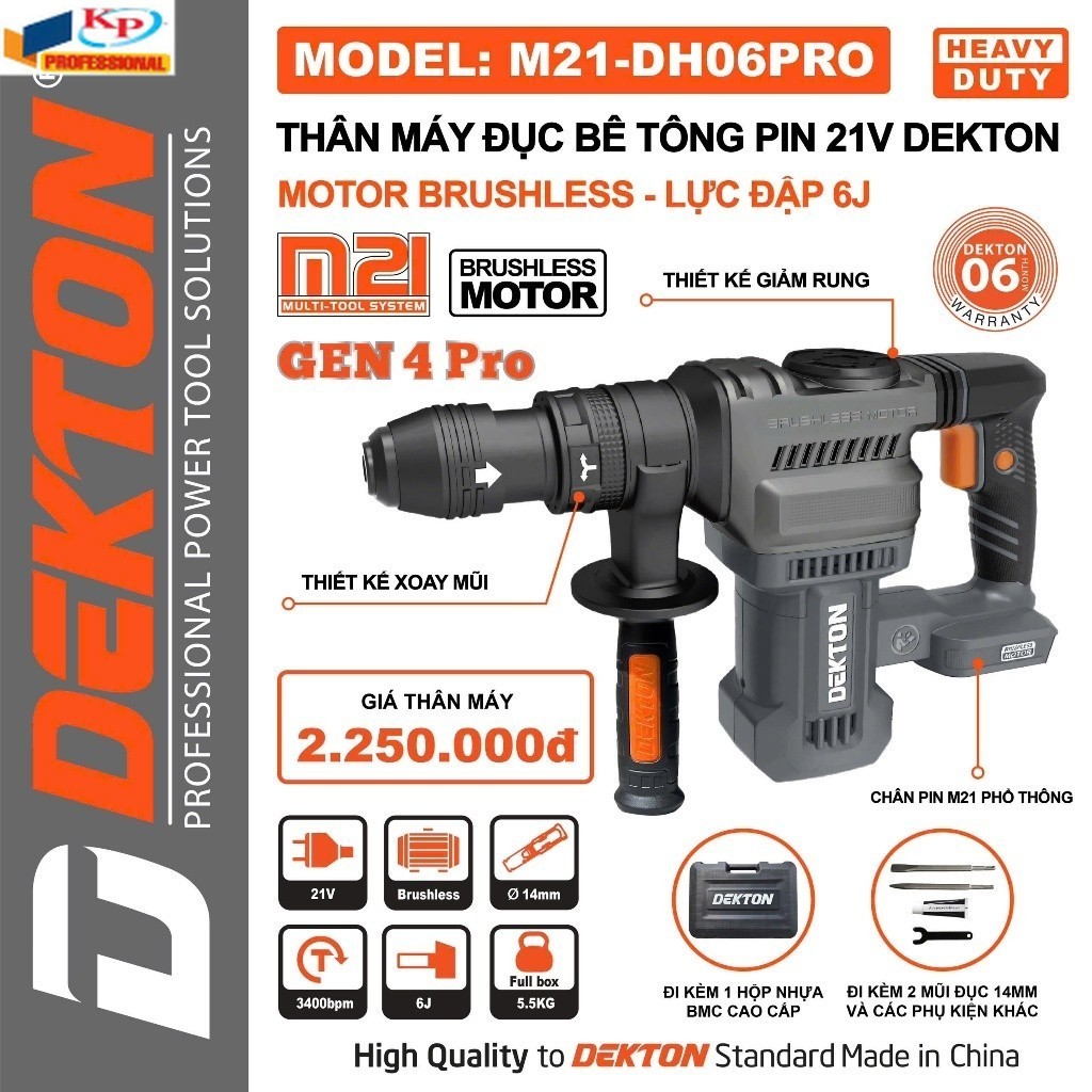 Máy Đục Bê Tông Pin 21V DEKTON M21-DH06PRO Gen 4 Lực Đập 6J - Kim phát điện máy