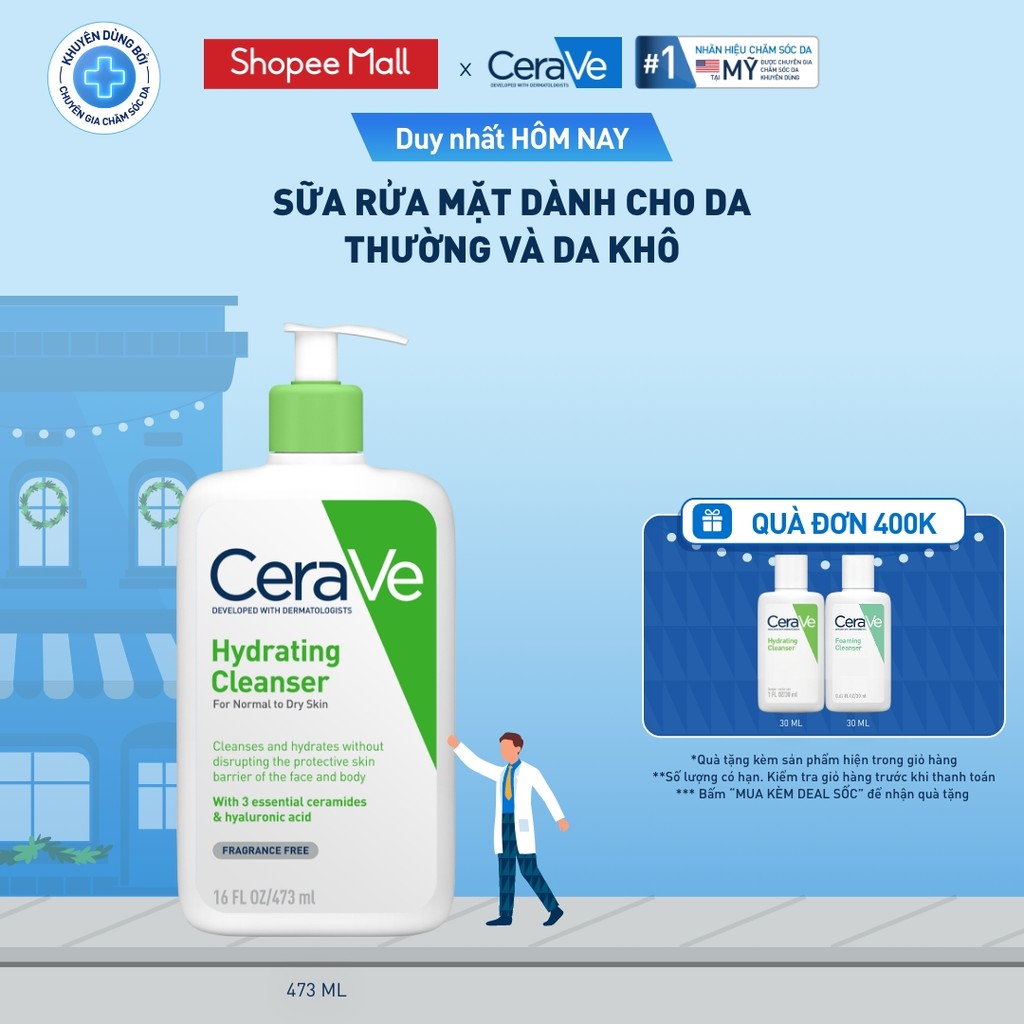 Sữa rửa mặt giúp làm sạch sâu dành cho da thường và da khô Cerave Hydrating Cleanser 473ML