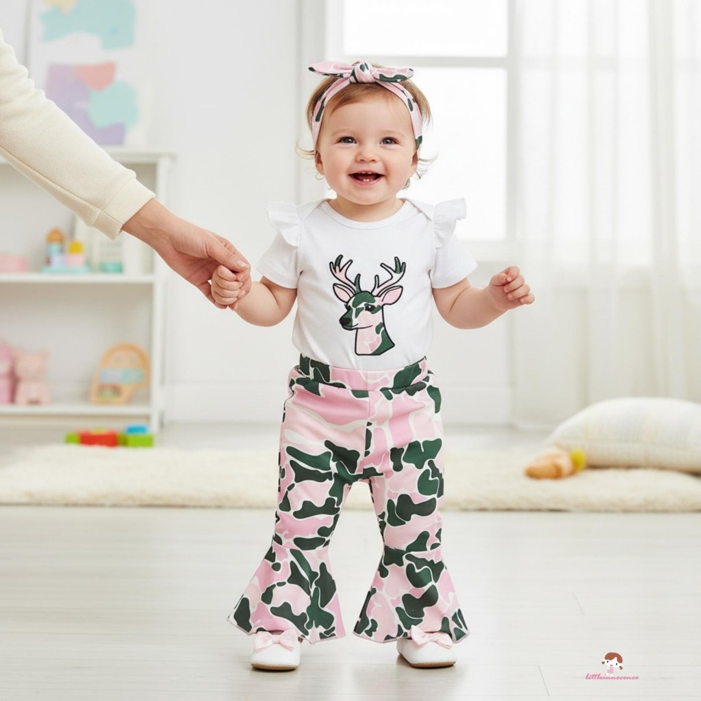Bộ trang phục Camo 3 mảnh XZQ-Baby Girl - Bộ áo liền thân thêu hươu + Quần loe + Băng đô nơ để mặc h