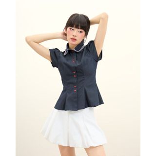  Áo kiểu nữ tay phồng cổ bẻ phối viền THE C.I.U áo sơ mi dáng ôm chất denim thanh lịch - Namy Top  tăng size  