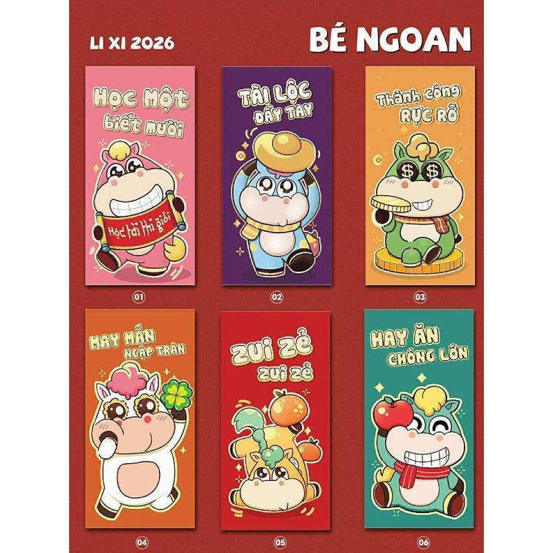 Bao Lì ẋì Tết 2026 "Bé Ngoan Bính Ngọ" Dễ Thương, Tự Thiết Kế - Giấy C150 dày dặn phong bao lixi tết