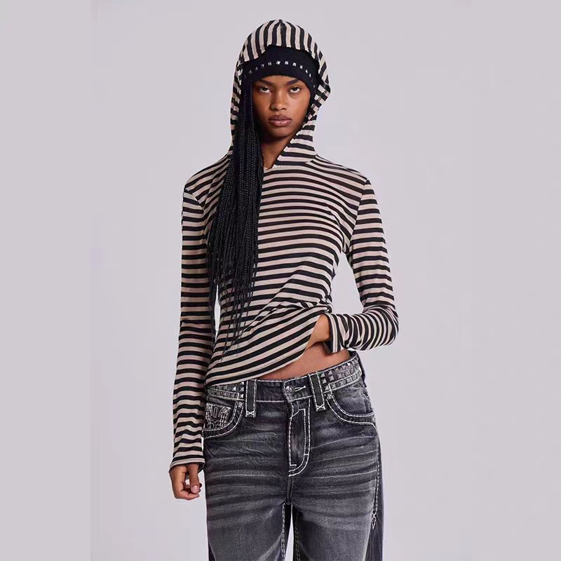 HHLC Jaded London Trendy Retro Hot Girl Style Black Apricot Striped Hooded Long Sleeve Unisex T Shir
