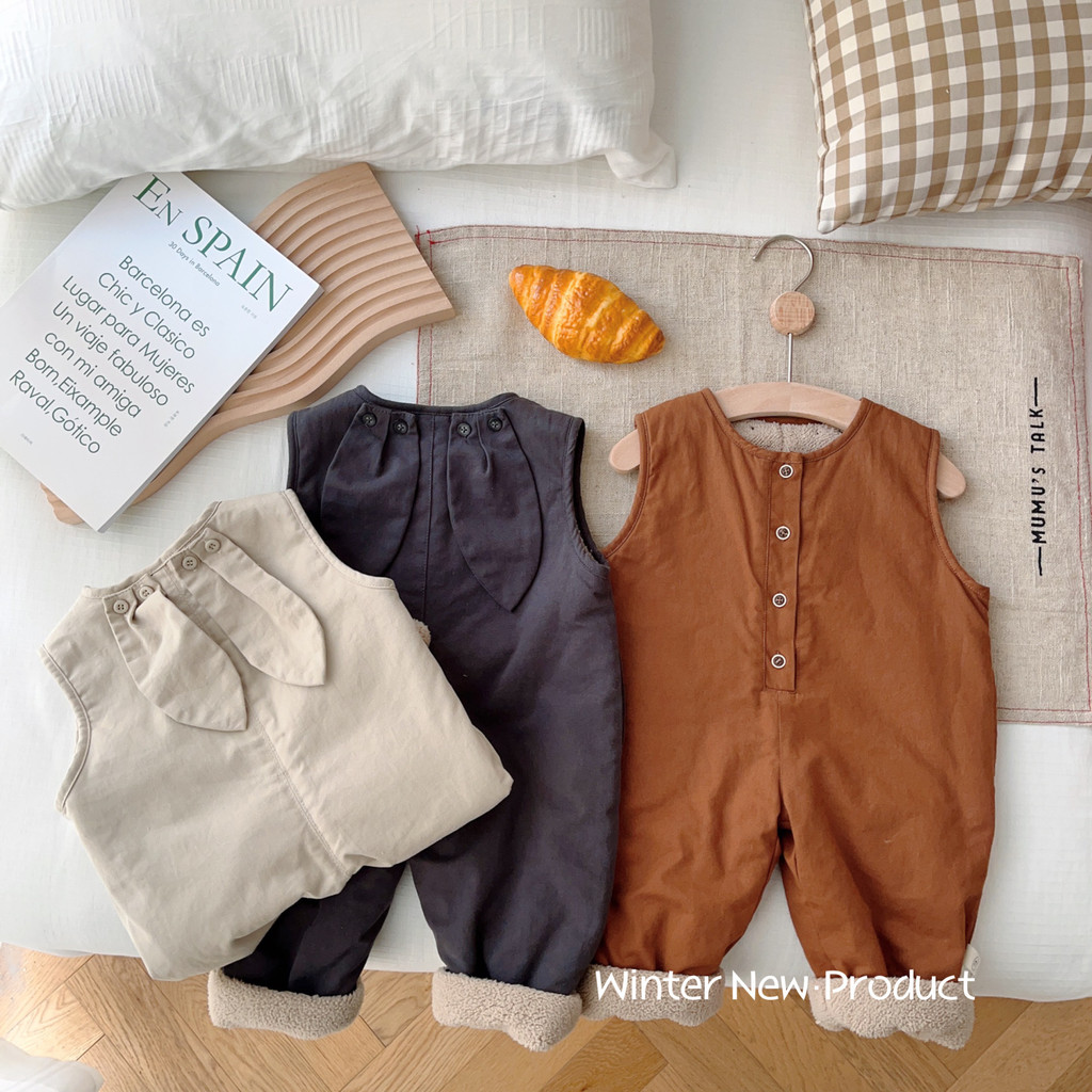 Quần yếm thường ngày cho bé 0 tuổi Mùa Đông Nam Nữ Bé Tai Thỏ Dễ Thương Màu Trơn Plus Quần Nhung AK2