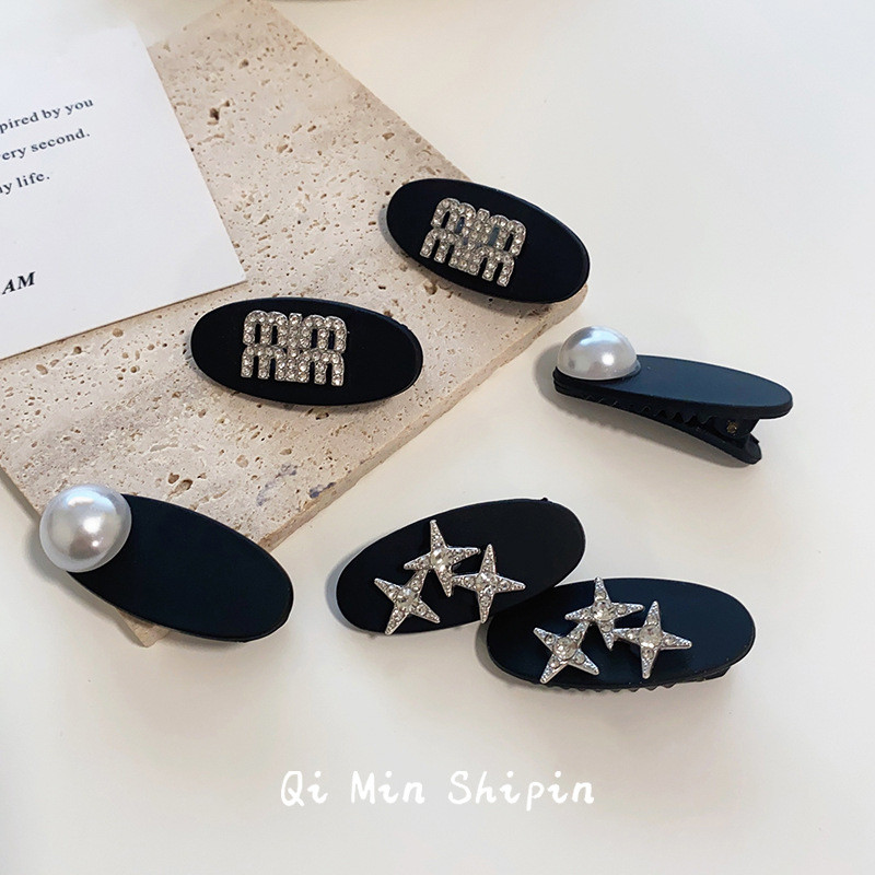 xinpin2023Black matte alloy metal rhinestone star hair clip with high-gloss pearls, small alligator 