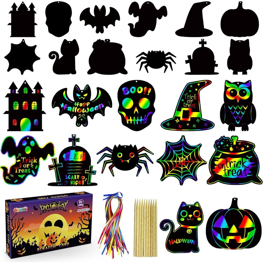 OHOME Halloween Party Favors - 48 CÁI Bộ thẻ giấy cào cầu vồng ma thuật dành cho trẻ em - Trò chơi H