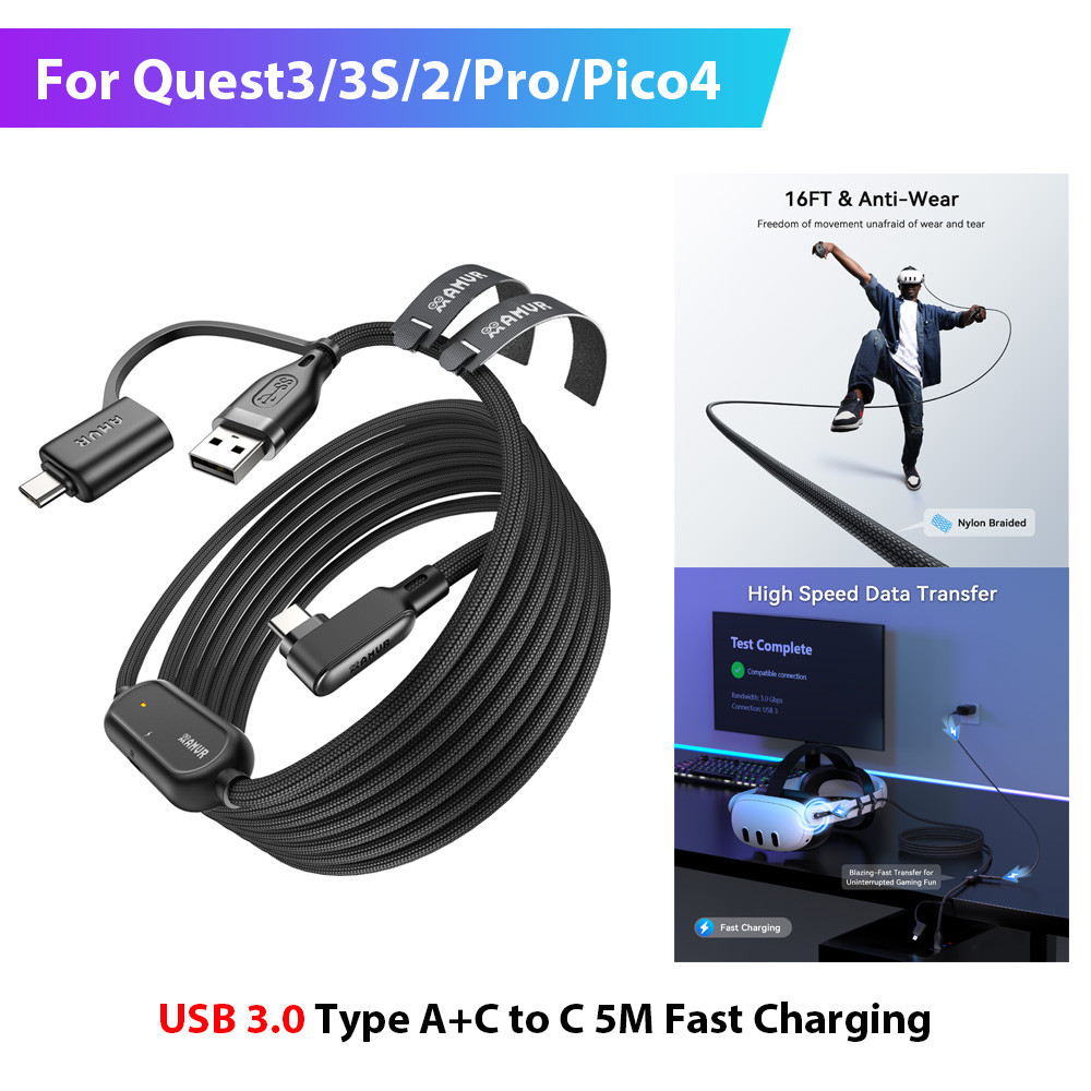 Cáp liên kết AMVR VR USB 3.0 Loại A + C sang C 5M Dây sạc nhanh cho phụ kiện Oculus Quest3 / 3S / 2 