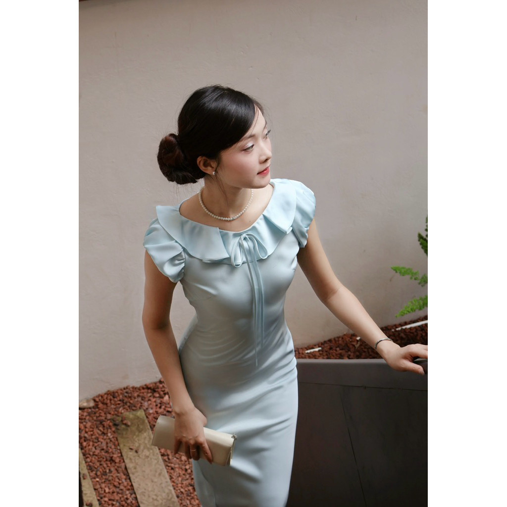 Đầm Lụa Dự Tiệc Tiểu Thư Thiết Kế Cổ Bèo Xếp Tầng Phối Nơ NV819 Váy Lụa Thanh Lịch Sang Trọng | BigBuy360 - bigbuy360.vn