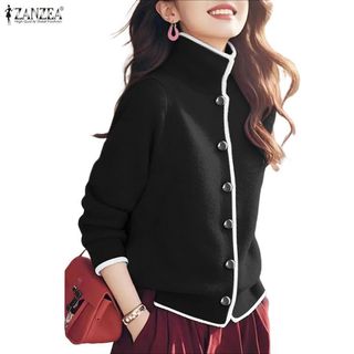ZANZEA Cardigan Nữ cổ cao tay dài, thiết kế đơn sắc với chi tiết tương phản, kiểu dáng Hàn Quốc