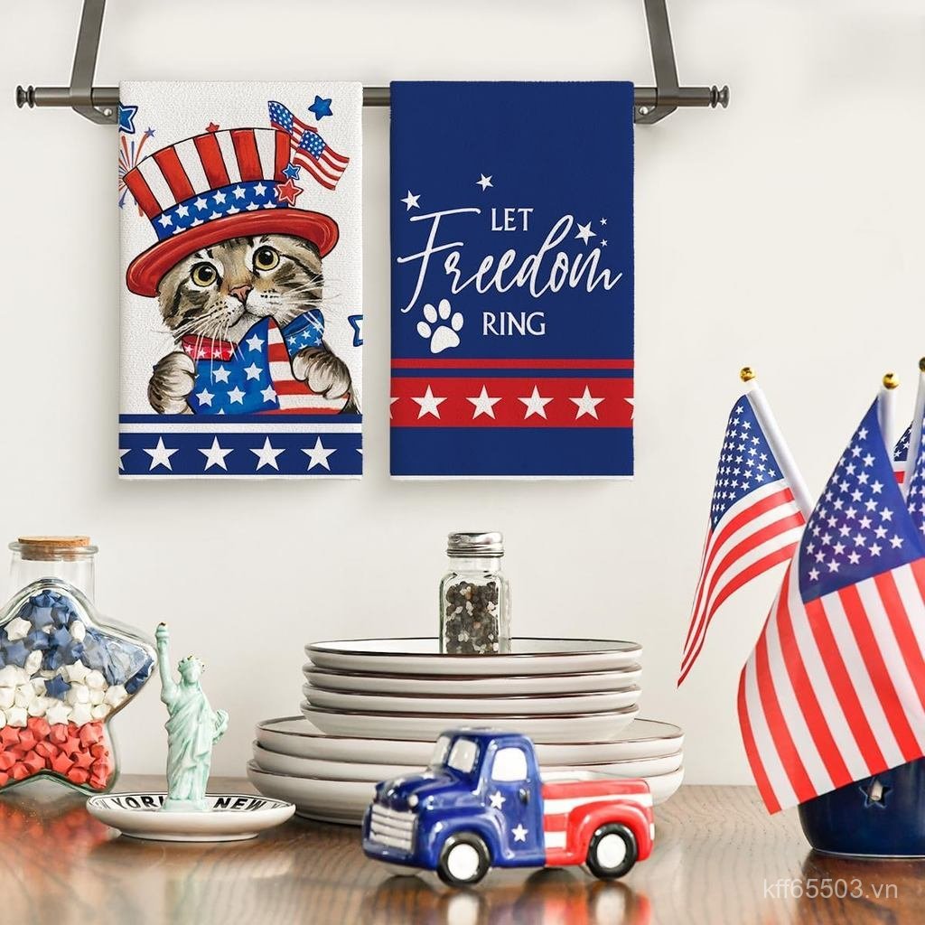 Cat American Flag Stars Freedom 4th of July Khăn Nhà Bếp Khăn Món Ăn, 18x26 Inch Trang Trí Theo Mùa 