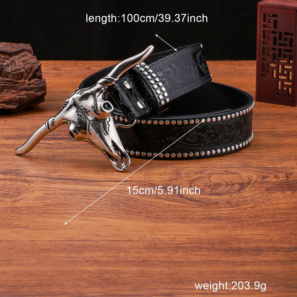 Hàng sẵn có Vận chuyển nhanh Phong cách mới Bull Head Belt Nam Nổi Belt Western Denim Rivet Belt Nam