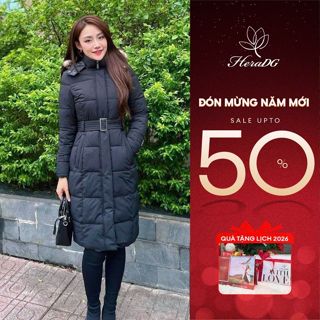  Áo khoác phao nữ cao cấp dáng dài HeraDG túi chéo mũ lông và đai eo tháo rời vải gió chống nước chống bám bụi WJKBD4016 