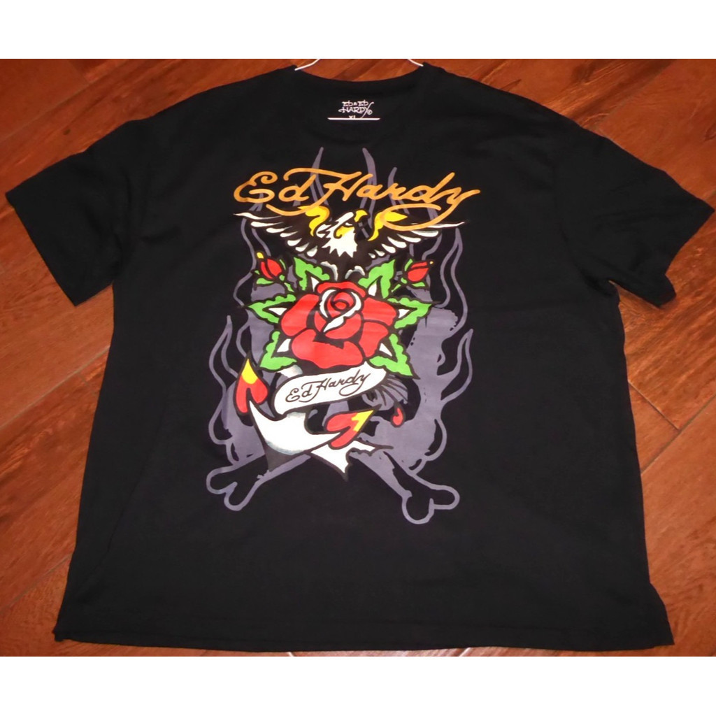 Áo Thun ED Hardy 100% Cotton, Họa Tiết Hoa Hồng Đen Và Đại Bàng, Tay Ngắn