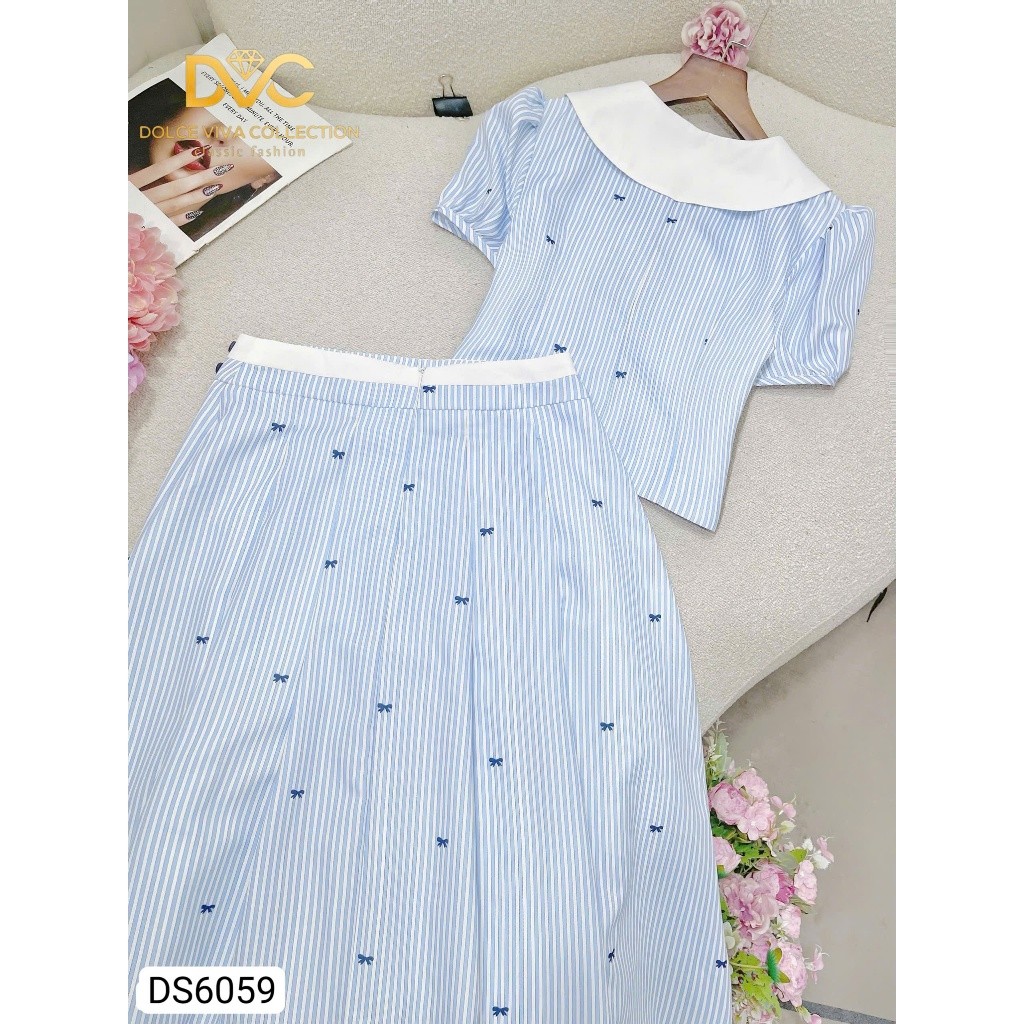 DS6059 Set áo chân váy xanh kẻ xoè nơ nhí midi công sở [Dolce Viva Colection (DVC/ACC)]