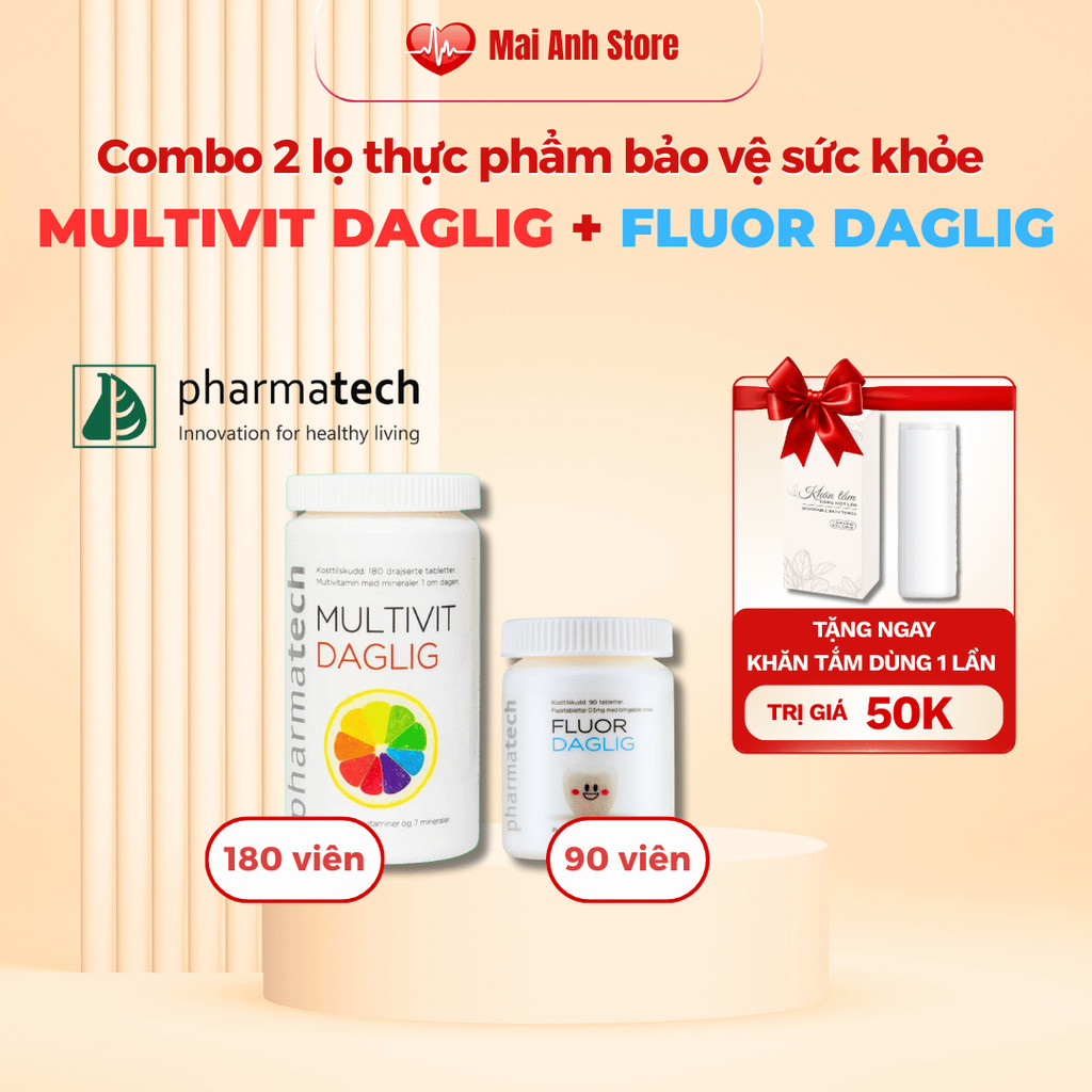 Combo Thực phẩm bảo vệ sức khỏe MULTIVIT DAGLIG 180 viên + 1 Lọ FLOUR DAGLIG 90 Viên Pharmatech