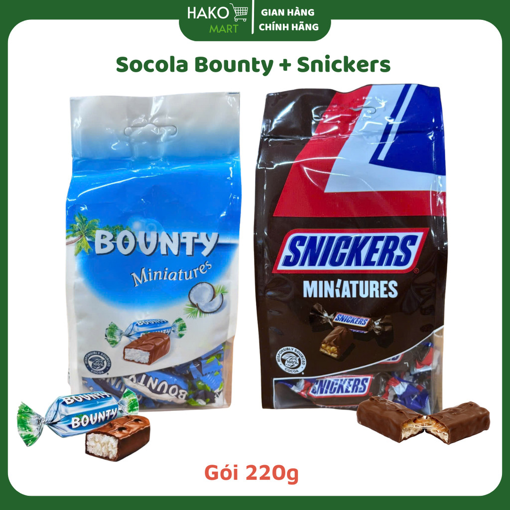 Socola Bounty Nhân Dừa và Snickers Nhân Đậu Phộng Gói 220g