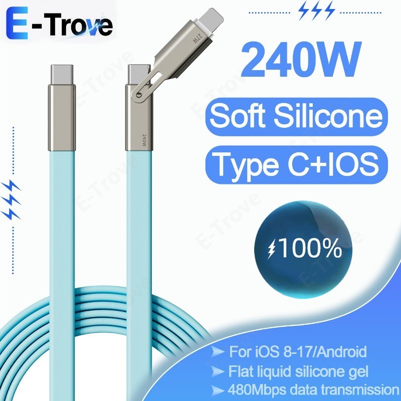 Cáp sạc điện thoại silicon lỏng mềm 240W Cáp sạc điện thoại di động 2 trong 1 Type C sang Type C + I