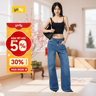 🌸SALE TẾT🌸 Quần jeans nữ YODY ống suông lưng cao cạp chéo tôn dáng QJN6018 