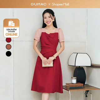   Size XS - XXL  Đầm nữ dáng A GUMAC thiết kế cổ vuông phối tơ xếp ly tay phồng màu đen - đỏ đô  LDE0701 