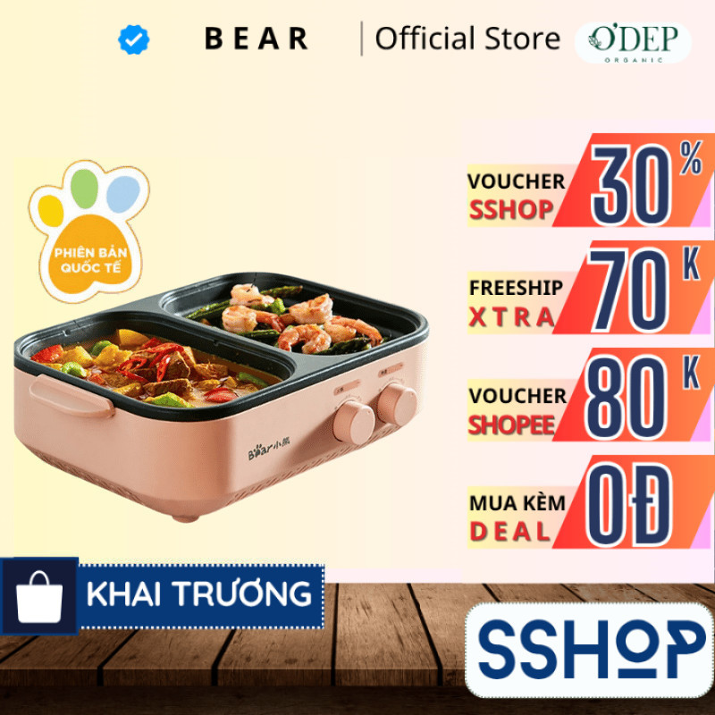 Bếp Lẩu Nướng Điện 2 Ngăn Đa Năng Mini 2 trong 1 Bear DKL-C12D1 - Hàng chính hãng - SSHOP SSO