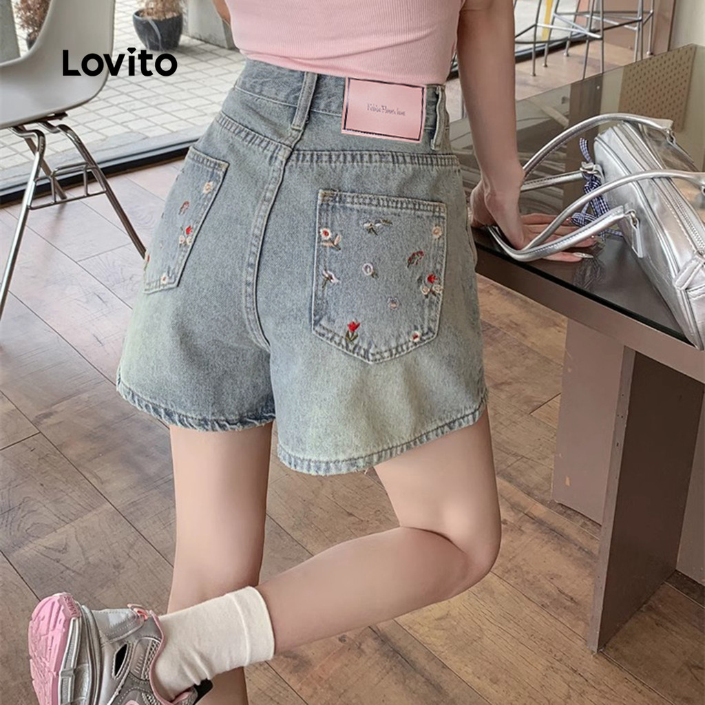 Lovito Quần short Denim thêu ngắn túi mùa hè / xuân giản dị dành cho nữ L125AD221 | BigBuy360 - bigbuy360.vn