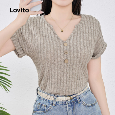 (Phong cách thường ngày) Lovito Áo thun RibKnit Xuân/Hè cho nữ L143ED424