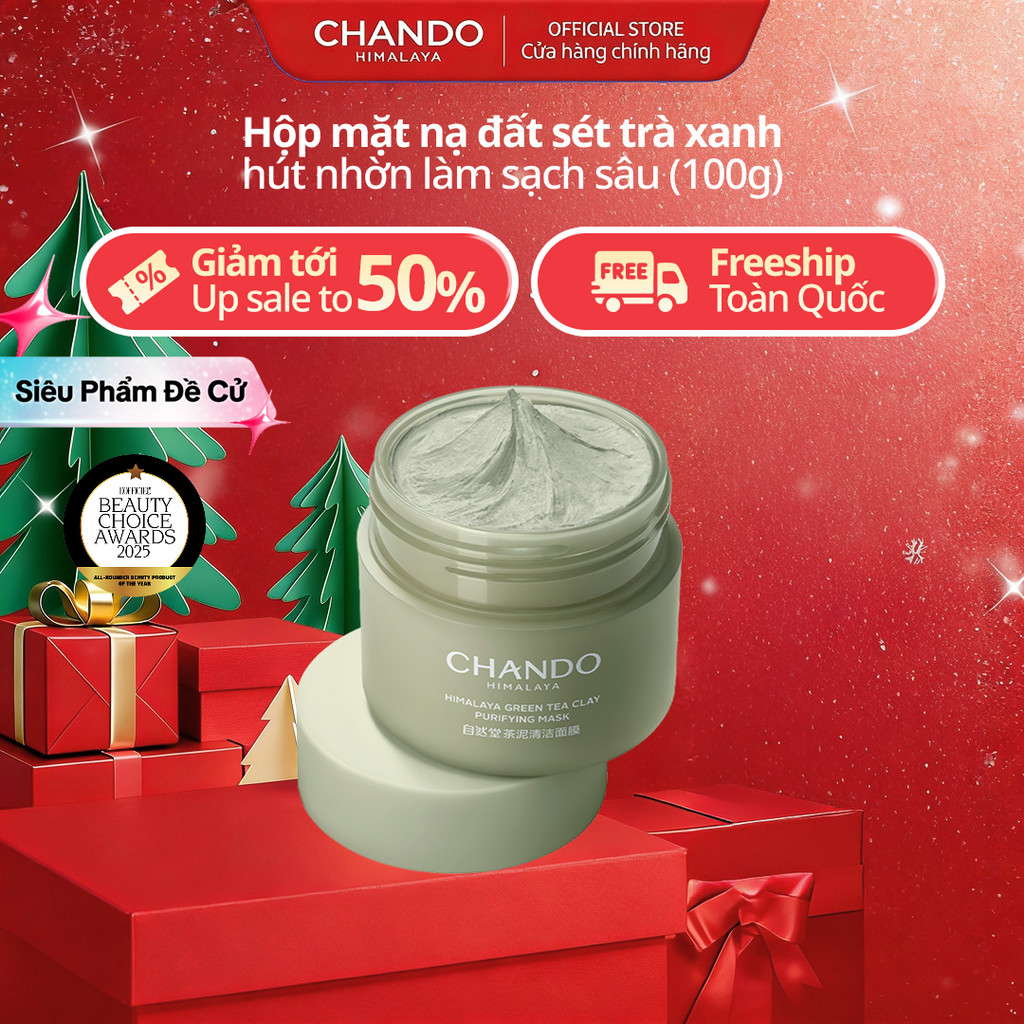  Hộp mặt nạ đất sét trà xanh Chando Himalaya 100g hút nhờn làm sạch sâu thông thoáng lỗ chân lông + cọ đắp 