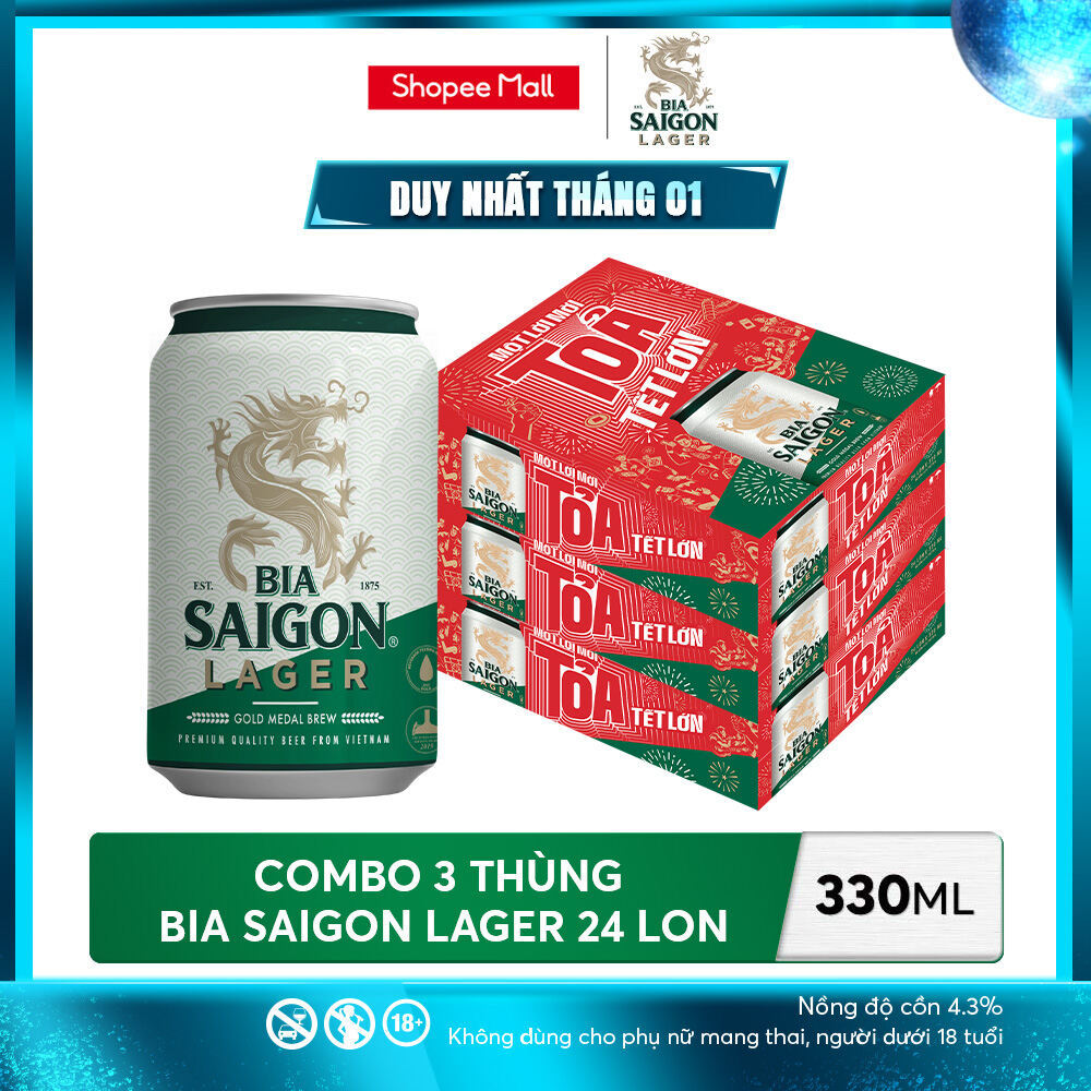  Nồng Độ Cồn 4.3% - Combo 3 Thùng 24 Lon Bia Saigon Lager 330ml 