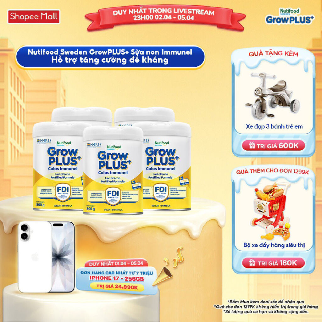 Combo 5 Sữa Bột Nutifood Sweden GrowPLUS+ Sữa Non Immunel lon 800g (Bao bì tuỳ lô hàng)