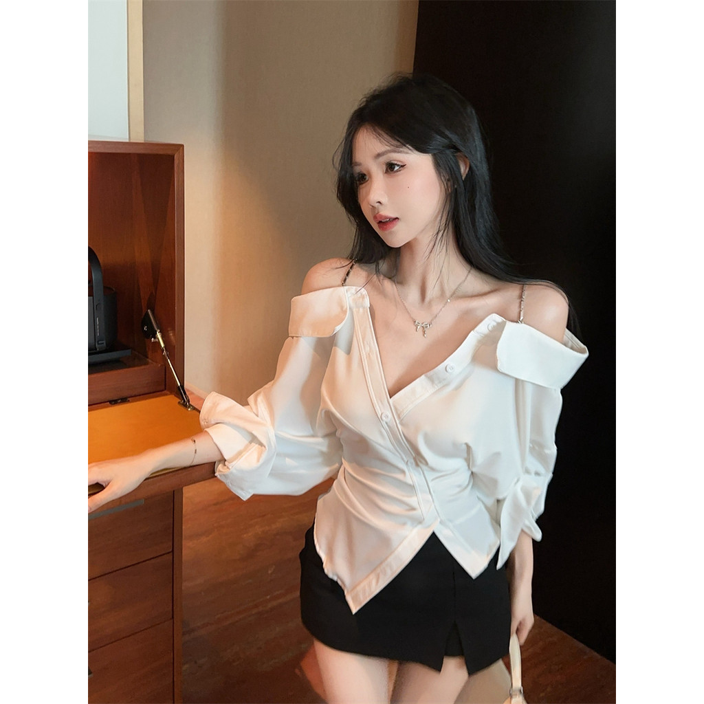 Kii Wii Áo sơ mi dài tay cổ chữ V lệch vai, phù hợp mùa hè 260414 | BigBuy360 - bigbuy360.vn