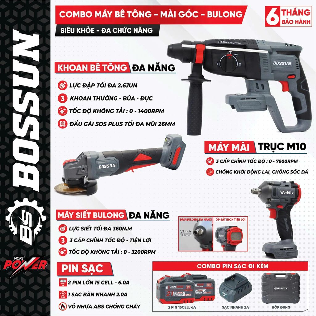 Combo 3 Máy Khoan Bê Tông Pin Bossun M21B-RH2603 + Thân Máy Mài Bossun M21B-AG100PRO + Máy Siết Bulo